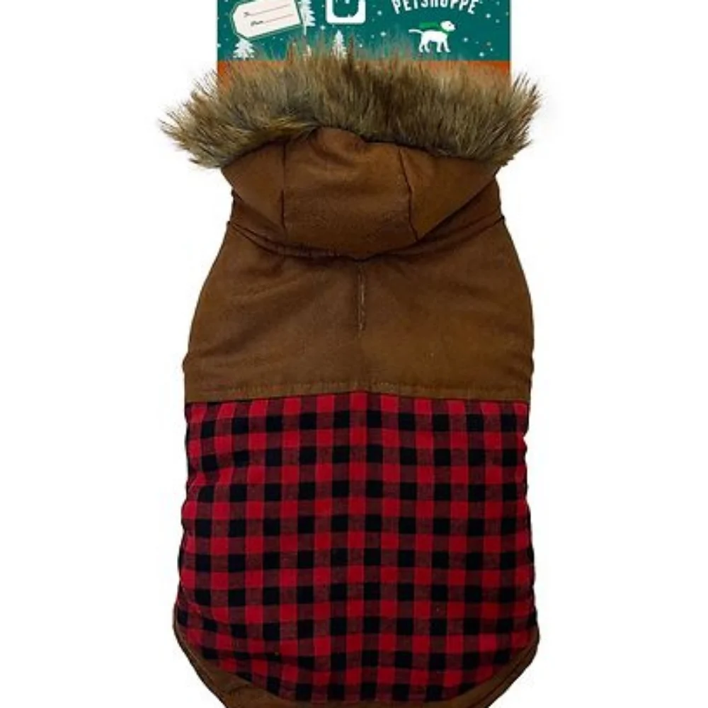 NWT PETSHOPPE Hooded Fleece Fur Coat, Large, 33-55 pds Plaid/Brown